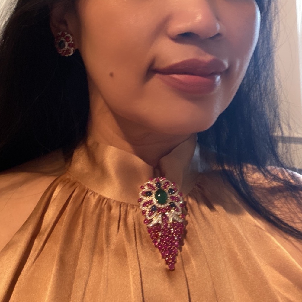 Natural Emerald,Burmese Ruby ,Sapphire and Diamond  Brooch/Pendent in 18K gold